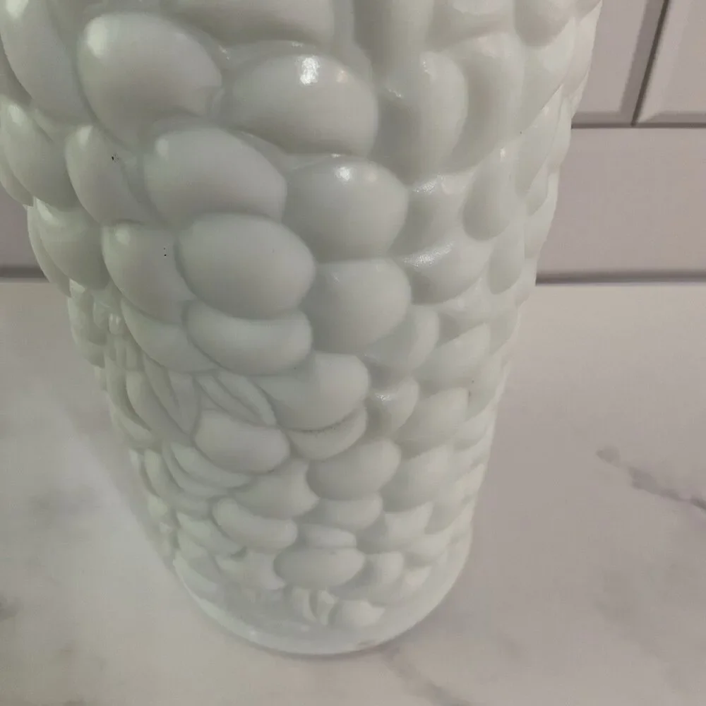 Vintage Milk Glass Grapes & Vines VASE 7.5” Tall 3.75” Round
